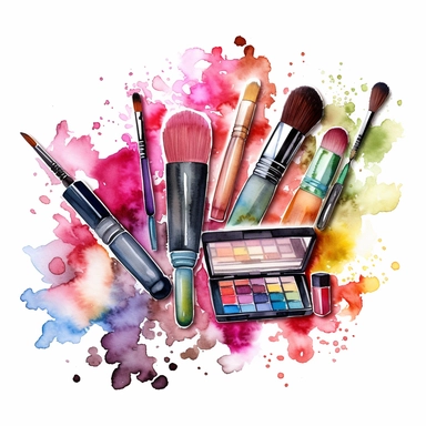 Beauty cosmetic watercolor clipart on a white background, showcasing an array of makeup items such as lipstick, eyeshadow palette, mascara, and makeup brushes, depicted in a gentle watercolor style with vibrant colors and soft edges