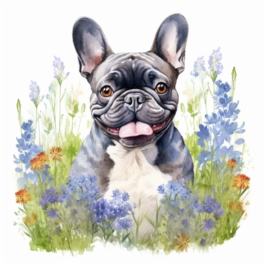 high detailed, Hand drawn watercolor clipart of a happy French Bulldog in a garden france, on a pure white background for background removal, no shadow, no paint splash