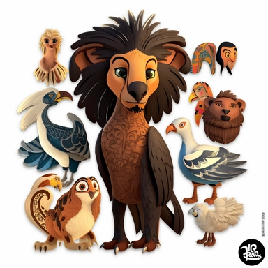 sticker clipart cartoon of lion, full body, Adinkra symbols, the Sankofa bird, the Ankh, and African masks, 3D, disney pixar style, white background ,high definition, high resulotion, highly detailed,16K , 4:7
