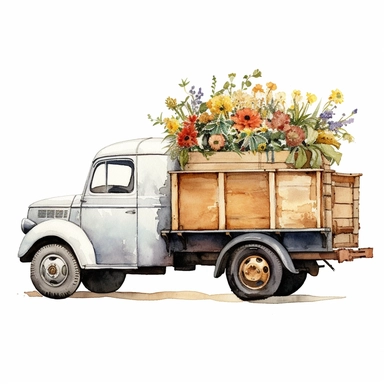 side rear realistic watercolor drawing of a vintage flower delivery truck in England, on a white background where the background will be removed to repurpose as a clipart.