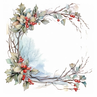 stunning christmas frame made of snowy branches , beautiful Christmas clipart, soft faded colors, beautiful watercolor art by Marjolein Bastin, Thomas Kinkade, Carl Larsson, Norman Rockwell, Susan Wheeler