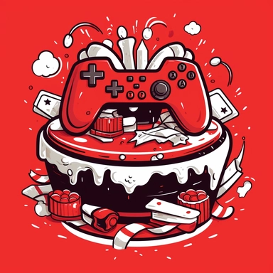 black and white cartoon style clipart of a generic video game controller and birthday cake mashup solid red background