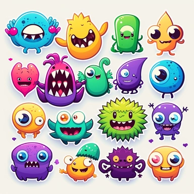 10 cute monster stickers collection, clipart design, cartoon, 4k, white background