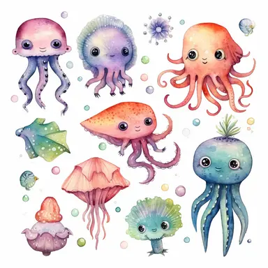 cutest little nursery sea creatures with big eyes, full body, pen and ink with watercolor, pearlescent horn, sparkles, glittery, clipart sheet, nurseycore