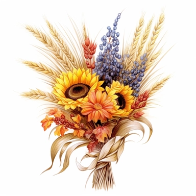bouquet of wheat and sunflowers , wildflowers , color pencil sketch on a white background for clipart