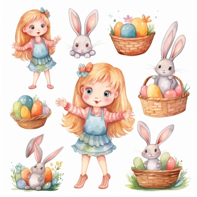 Watercolor easter eggs, illustrations clipart set, simple, soft colors, cartoon elements, different variants, easter elements, jumping bunnies, sitting bunnies ,rabbits, cute little girl, easter eggs in basket, separate elements with a margin