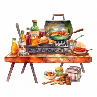 watercolor realistic clipart camping table with food and gas camping stove