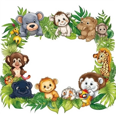 clipart with white background, baby jungle animals playing in the jungle, cute and adorable, clearly defined separate image, high quality--ar3:4-no mockups, watermarks, numbers, writing, letters--q2--v5.1--s1000