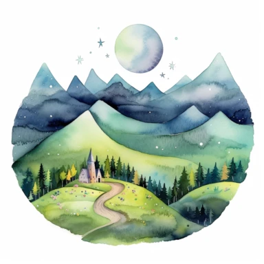 Simple mountain range with Whimsical rolling hills and mountains for a children's book, night scene, watercolor, clipart, white background