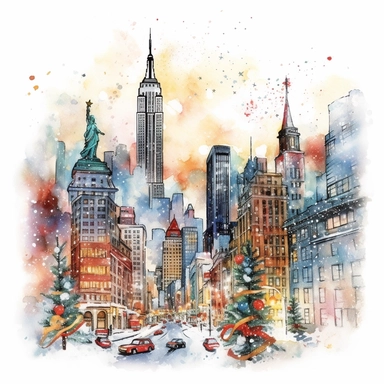 Christmas eve in New York, style by Thomas Kinkade, watercolor, smooth gradients, black contour outline, ultra detailed, clipart elements, vibrant colors, solid white background, super clear, high quality