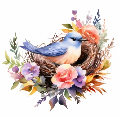 realistic Watercolor floral bouquet bird Nest with bird clipart, be creative and detailed, white background