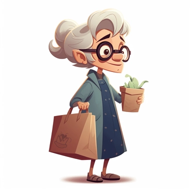 Character Cute old lady carrying a paper bag of groceries, no background, child style, 2D, vector, good quality, illustration from Pixar children's book, vector, cartoon character, hand drawn, clipart
