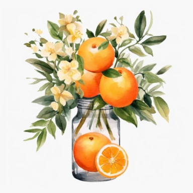 Create a watercolor oranges clipart with glass nd bouquets
