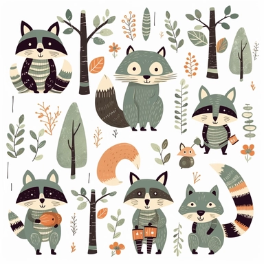 woodland raccoon set, woodland trees, cute boho style, white background, clipart, vector, 8k