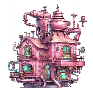 Beautiful Pink Steampunk House Sublimation Girl Clipart ,Cartoon,hyper realistic, intricate detail, illustration style,high solution,on the white background