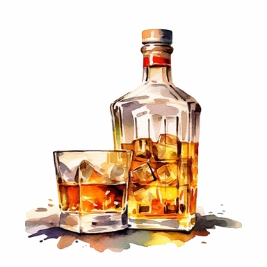 bottle of whiskey on kitchen counter water color clipart, white background