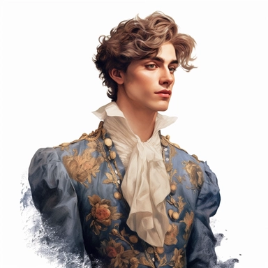 beautiful stunning handsome boy in vintage baroque fashion , paint art style, clipart, white background, superrealistic, one of a kind