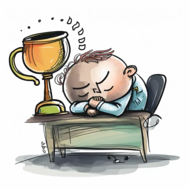 a cartoon office worker napping with trophy. watercolor clipart