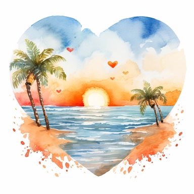 Heart beach, retro beach, beach heart, sunshine, watercolor beach heart clipart, hd, on white background, spaced out ar 3:2-- s1000