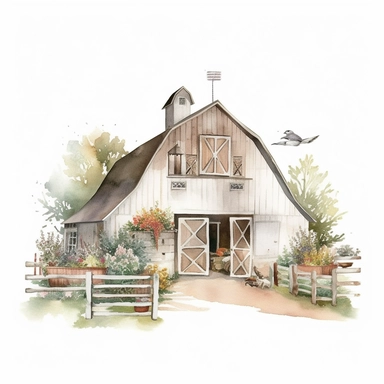pretty white painted barn clipart, painted white, pretty charming farmyard setting with plants trees and farm accessories, fence, detailed watercolor illustration, light color palette, farmyard accessories, isolated on white background