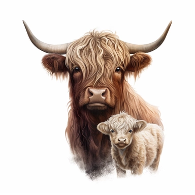 highland cow and her baby, clipart, white background
