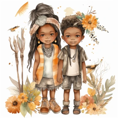 pretty African American children's nursery style water color clipart, 2 cute kids, wearing boho style clothing realistic digital art, white background, s1000