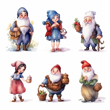 Watercolor snow white , illustrations clipart set, simple , cartoon elements, fairy tale theme and elements, different characters, 7 dwarves, different variants , , separate elements with a margin