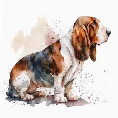 a watercolor painting of a Basset Hound, clipart, white background
