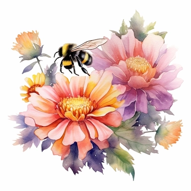 Create a charming watercolor clipart of bees and flowers. The scene should include several bees buzzing around a variety of vibrant flowers, collecting nectar. The style should mimic that of a watercolor painting, with soft edges, subtle color blending, and the characteristic transparency of the medium. Use a digital rendering technique that mimics the effect of a watercolor brush on a textured paper. The lighting should be soft and diffused, as if it's a sunny day. The colors should be bright a