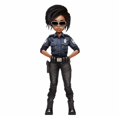 Cool cute black kid police, full torso and head, cool police clothes, female black girl, watercolor style, clipart solid white background