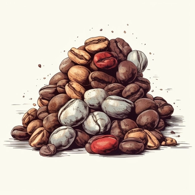 coffee beans heap clipart with a vintage design aesthetic, muted colors, distressed textures, stylized typography, retro design, white isolated background, single designs