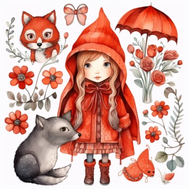 red riding hood clipart, vector art, clip art, clipart, in the style of claudia tremblay, birds& flowers, kawaii manga, realistic watercolors, dark white and light orange, eleanor fortescue - brickdale, isolated figures