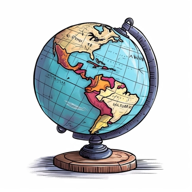 cartoon school globe drawing, illustration clipart, detailed, black outline, white background, digital art