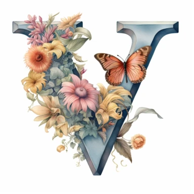 letter V, decorated with wildflower, subtle butterlies, fine details, soft pastel watercolors, clipart