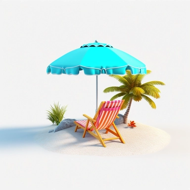 3d island paradise beach clipart in animation style, beach chair, sunshade, summer vacation, in solid white background, bright color, high resolution, 8K,