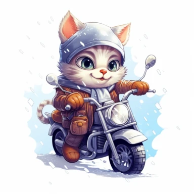 A clipart of a cute cat in a leather jacket driving a motorcycle. White Background with snow and large trees. soft lighting.