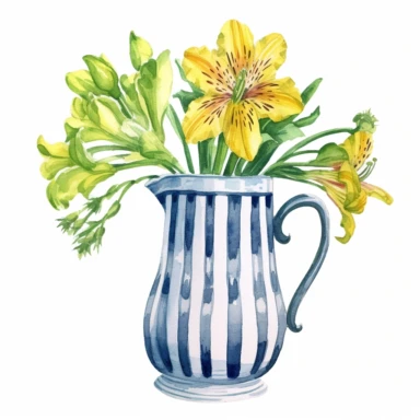 Design a dreamy watercolor clipart of frenchfarmhouse-inspired Asiatic lilies, bells of Ireland, and sunflowers arranged in a vintage-inspired ceramic pitcher composition, hand-painted with soft and graceful brushstrokes. Draw inspiration from the artistic finesse of Ethereal Petals Watercolors for a refined and ethereal depiction. isolated on a white background, hand-drawn illustration, hand-painted watercolor texture, 16k UHD resolution, intricately detailed, sharp focal points, designed by An