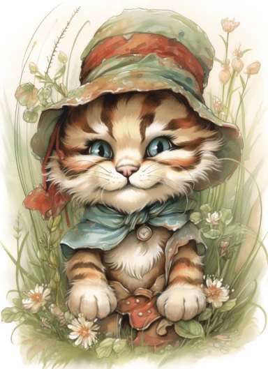clipart,a cute little tiger in a field with bonnet on its head wearing necklace ,in the style of jody bergsma, 32k uhd, hand-painted details, charming character illustrations, dark brown and light beige,red/green, aquarellist, hd , white background clipart