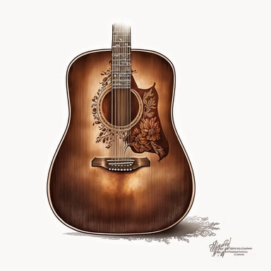 brown acoustic guitar, vintage, illustration, clipart, white background