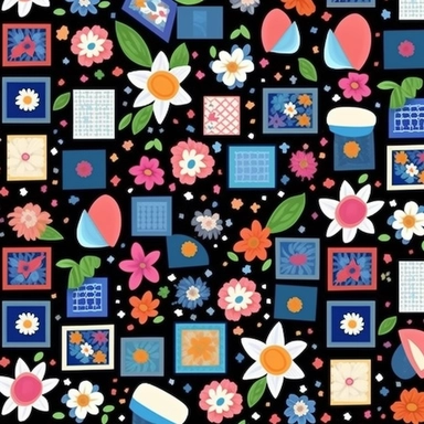 Quirky Whimsical Magical Seamless Pattern Volumous Flowers mix with rectangle, triangle, circle, square Clipart Cartoon, 3D, hrd, 8K, high resolutions