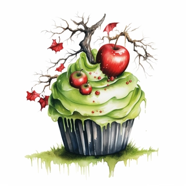 delicious halloween cupcake with Autumn apple orchard , watercolour illustration clipart, extremely detailed, 4k, high quality, colour scheme black, lime green, red and white , , isolated on white background - <@1098423716465102849> (relaxed) - <@1098423716465102849> (relaxed) - Image #3 <@1098423716465102849>