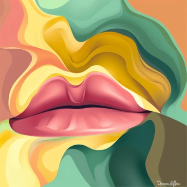 Surrealist airbrush-style clipart image of plump lips, composed of flowing, organic shapes, each taking on one of the provided colors: deep sea green (#1d3537), soft coral pink (#e87c77), and vivid honey yellow (#f6c400). The shapes should interplay and merge in a dream-like manner, creating a sense of fluid movement and harmony within the image. The entire artwork is set against a crisp white background, providing stark contrast that accentuates the colors and shapes. The result should have the
