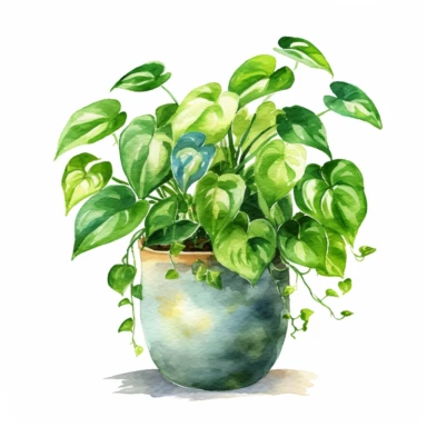 A serene watercolor clipart image featuring a Pothos plant. The artwork showcases the lush foliage and trailing vines of this popular indoor plant. The Pothos leaves, with their vibrant shades of green and distinctive variegated patterns, create a visually appealing display. Soft brushstrokes and delicate washes of color add a sense of tranquility and natural beauty to the composition. Whether used in home decor or botanical designs, this captivating clipart is perfect for adding a touch of eleg