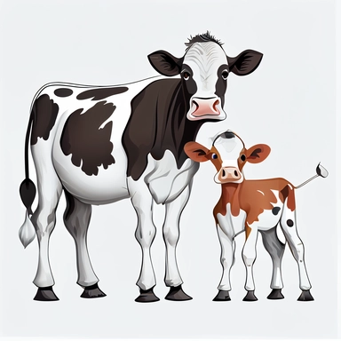 dairy cow and calf, clipart, high resolution, black outline, white background, 4k, vector illustration