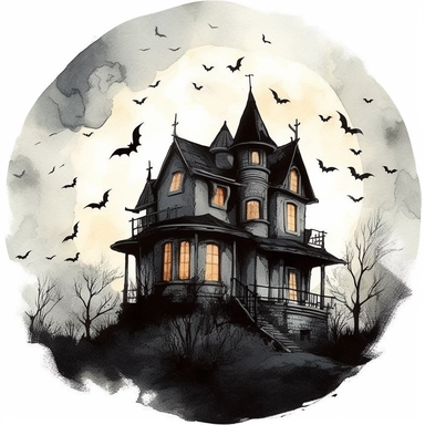 haunted house, full moon, bats flying in sky, halloween style, clipart, watercolor, vintage--q2--v5.1--s1000