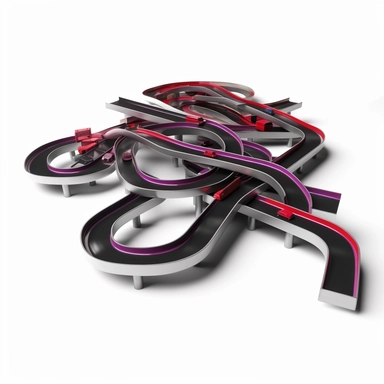 3d model of metallic highways, black+red+silver+purple, clipart, white background