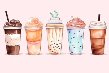 minimalistic clipart set five watercolor clipart, latte paper cup, Cute kawaii sticker