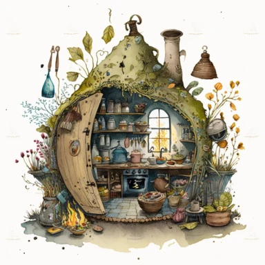a hyper-detailed illustration watercolor clipart of a whimsical kitchen of a fairy house built out of natural materials by a human,complete kitchen utensil and kitchenware and foods in preparation watercolor illustration, illustration style a combination of Beatrix Potter and Tove Jansson,isolated on white background with margins, cut-out images