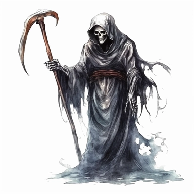 mystical dark scary watecolor halloween horror cartoon grim reaper clipart, hd 4k, detailed, focused, isolated on white background