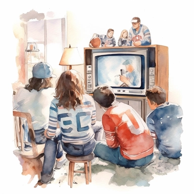 A nostalgic scene of families gathered around a black-and-white television, watching a popular show or sporting event, american style, watercolor, clipart